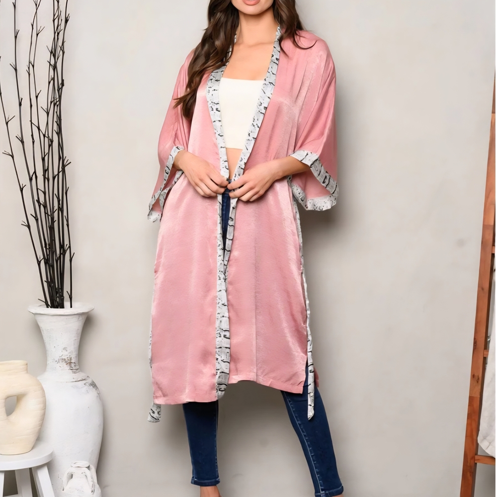 E118 NWT Entro Pink Kimono Robe with Snake Print Accents Open Fron Tie Sm Md Lg - Picture 2 of 8